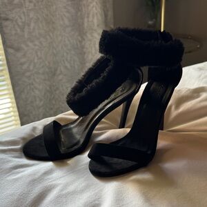 Charlotte Russe Black Faux Fur Ankle Strap Heels